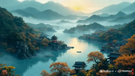 清明上河图、富春山居图、千里江山图。一幅8K超高分辨率的艺术杰作，展现极致的细节和超凡的精细度，一幅微型景观，仿佛是通过倾斜移轴摄影技术捕捉的微观世界，细腻描绘了河边景色的生动与动态，立体光效营造出神秘的氛围，同时点缀以淡雅的透明金光。整幅画作以逼真的细节和精湛的笔法精心渲染，呈现出一场视觉盛宴。三维古风,,新工笔,陈家泠,浪漫古风,古韵留白,王希孟，宋徽宗，董其昌，江南园林，远景，俯拍模式，大场景，园林，河弯，宋代古镇，复古名画，晕染，大面积留白，博物馆收藏级大师作品，茫茫大雪，下大雪，朦胧，意境构图，浓郁漆画，新工笔，自然主义，背景模糊，自发光，梦幻暗蓝色的色彩，阴影和亮点，超细节，3d渲染，层次版画，线条版画，极致辛烷值，视觉冲击。丝绣秋色山水之美，针法叠层云雾，4K超高清苏绣细节，晨光穿透薄雾|湖面倒影古亭，金线勾边奇峻山石、小舟。渐变丝线渲染层峦，绢本刺绣质感，宋画构图意境，立体构图。赤橙黄绿青蓝紫金黑蚕丝光泽。 by Hailuo AI Video Generator