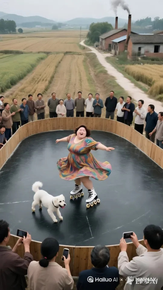 镜头顺滑且精准地移动，紧紧动态跟随着溜冰场中那位胖女人。只见她神情自信洒脱，身姿矫健地绕着溜冰场极速滑行，那速度快得仿佛一阵风。忽而，她半蹲下身，仅靠单脚支撑，继续保持高速滑行，姿态娴熟又独特。
 
就在众人惊叹之时，胖女人猛地发力一跃而起，在空中以惊人的速度极速旋转，恰似一个飞速转动的陀螺，裙摆飞扬。
 
这时，旁边的小狗，如闪电般极速跳到胖女人面前，一口叼住胖女人伸出的手，竟和她手拉手一同在空中极速旋转起来。一人一狗配合默契，旋转的速度丝毫不减。
 
最后，胖女人和小狗稳稳地落地，仿佛排练过无数次。周围原本正在悠闲溜冰或围观的人，先是被惊得呆若木鸡，嘴巴大张，简直不敢相信眼前所见。短暂的寂静后，现场爆发出如雷般的欢呼与掌声，大家纷纷为这不可思议却又无比精彩的表演喝彩，对胖女人和小狗的神奇配合赞叹不已。 by Hailuo AI Video Generator