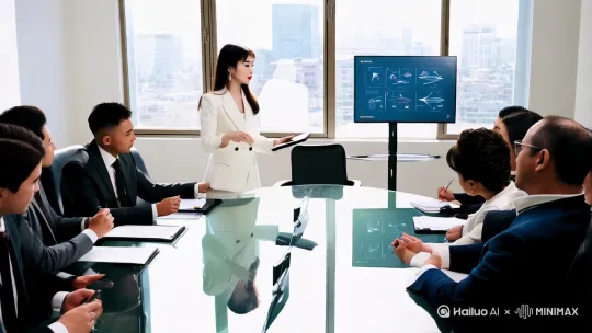 一位美女在一家IT公司做总裁，在会议室安排下属工作，布置下半年的任务 by Hailuo AI Video Generator