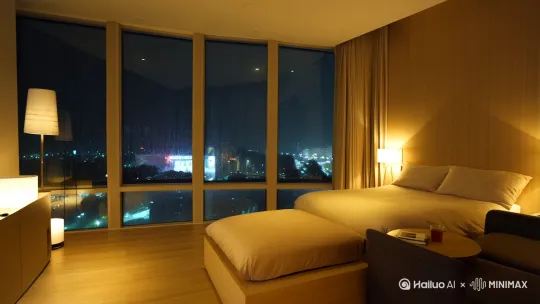 这个房间宽敞而通透,一整面落地窗将城市的夜景框成了一幅流动的画。对面靠墙摆放着一张简约的双人床,米色的床品在暖黄色灯光的映照下显得格外柔软。
室内光线温馨昏暗,落地灯和壁灯交织出柔和的层次感,让整个空间笼罩在一种慵懒的氛围里。窗外,夜色已深,远处的霓虹灯和车流化作细碎的光点,明明灭灭,像一场无声的表演。 窗外下着稀稀疏疏的小雨
房间另一侧,一张深灰色的布艺沙发安静地倚靠着墙壁,前面是一张圆形茶几,上面随意地摊着两本书和一杯喝了一半的茶。空气中仿佛还残留着淡淡的茶香,混合着木质地板的温润气息,让这个夜晚显得格外宁静。 by Hailuo AI Video Generator