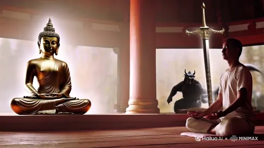 在佛塔内一个人在蒲团上打坐，背后出现两尊虚像，一尊佛像，一尊恶鬼像  一柄神剑插在地上，一念佛魔！ by Hailuo AI Video Generator