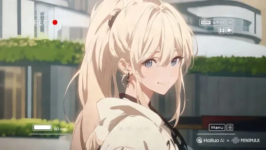 女孩睁眼，wink，微笑，发丝轻轻扬起，慢慢走路 by Hailuo AI Video Generator
