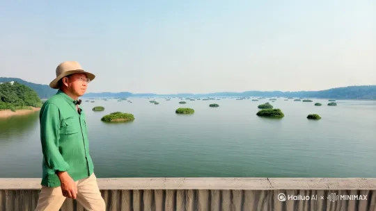 行走在丹江口的拦湖大坝上，万亩水库，波光粼粼，如同千岛子湖，没有人，没有船，只有风吹过的夏天，安静舒适，空气里充满了自由的风。黎涛 by Hailuo AI Video Generator