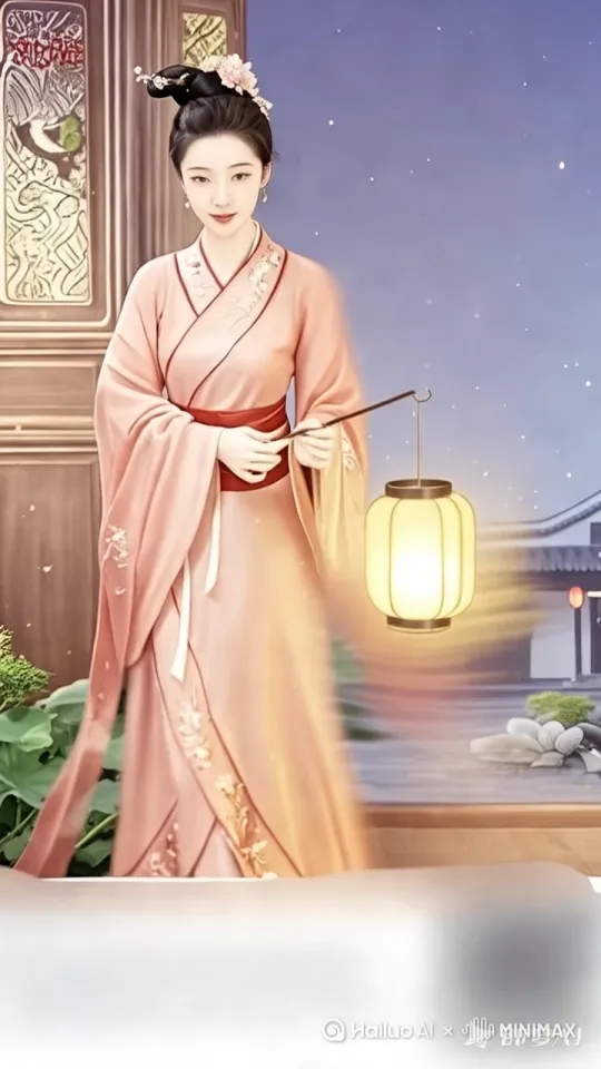 在那繁华京都，有一女子名唤柔卿。夜幕低垂，柔卿轻挽发髻，插一朵粉花，身着浅橙襦裙，腰系红绫，于庭院信步。手中灯笼微光摇曳，映着她温婉面庞。
 
柔卿擅诗画，常于月下吟诗作画。白日里，也会穿梭坊间，采买文房四宝。她似一朵绽于深闺的幽花，既有大家闺秀的端庄，又藏着对世间万物的好奇。那夜，她提灯而立，似在等一场不期而至的缘分，又似在守望心中那方诗意天地。 by Hailuo AI Video Generator