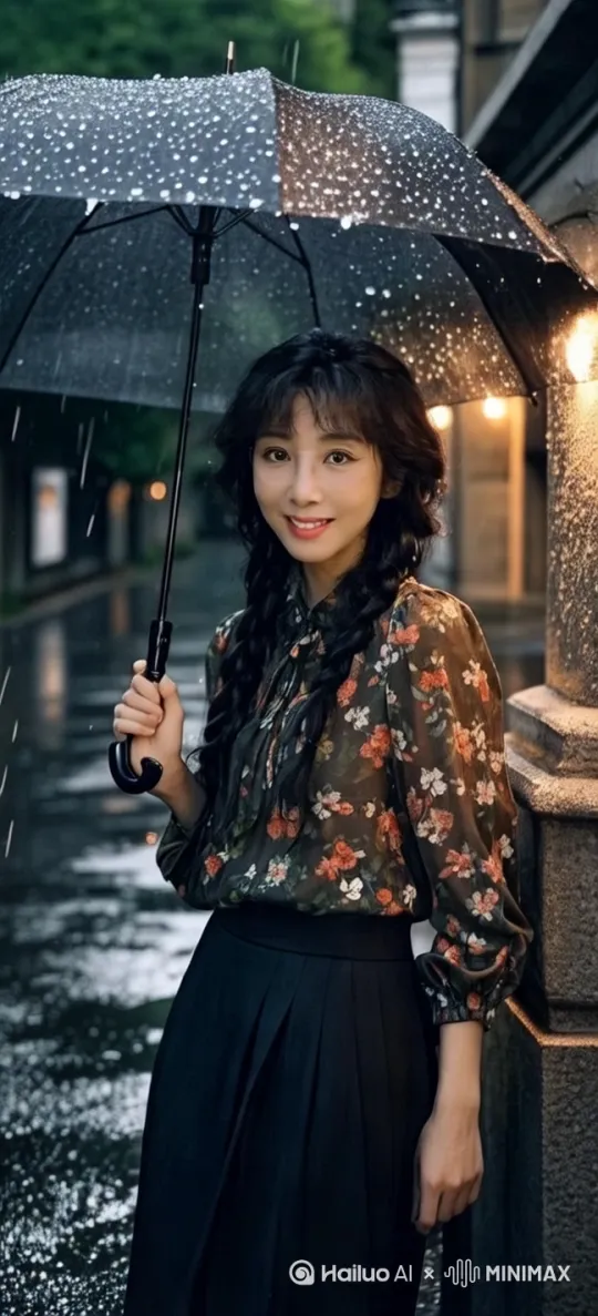 小雨淅沥淅沥的下，女孩打伞往屏幕前走 by Hailuo AI Video Generator