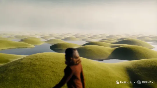 生成梦核，梦核之内，类似于草原，真是很虚幻，空洞，一个人在上面走着，草原的形状是半圆形的，一个接着一个的，天上漂浮着一个巨大的眼睛，眼睛一眨一眨，眼睛周围还有很多翅膀，翅膀是白色的，很大一个，一个人在草原上走着，一直走着 by Hailuo AI Video Generator