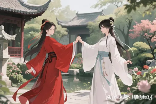 身着绯红绸缎长袍与素白纱衣的女子在古代花园中携手微笑。盛开的牡丹花丛环绕四周，樱花随风飘落。镜头缓慢推进捕捉细腻面庞与优雅发髻，浅景深效果突显柔和的自然光线，背景中若隐若现的亭台楼阁点缀着浮世绘风格的鎏金纹样。 by Hailuo AI Video Generator
