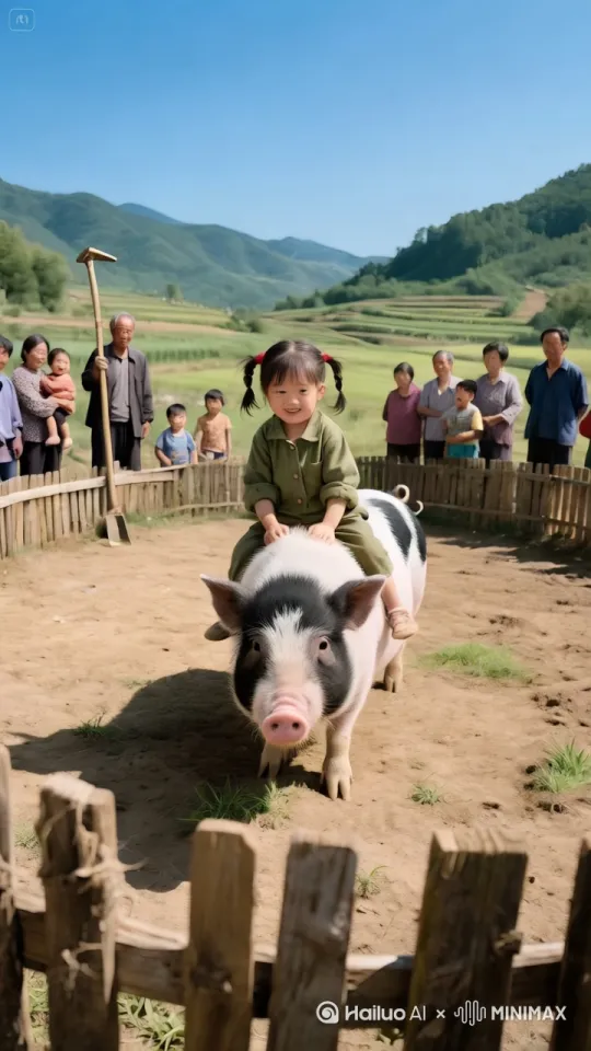 镜头移动，动态跟随，右边的母猪率先发起攻击，它左腿猛地一蹬地，高高跃起，右脚如旋风般扫向左边小女孩的头部。小女孩机灵地低头闪躲，同时猛地向前一冲，用头顶向母猪的腹部，左拳如雷霆万钧之势直击母猪的侧身。右边的母猪变成身穿红衣的小女孩，侧身一扭，避开拳头，跳起来施展出迅猛的连环踢猛踢向老人。小女孩迅速抽回手，母猪突然高高跃起，向小女孩踢去，小女孩趁母猪落地未稳，飞起一脚踢在母猪的后腿上，他们的招式刚柔并济，时而是刚猛的直拳，时而是柔美的转身回旋踢。其它的人都站起身来鼓掌呐喊。 by Hailuo AI Video Generator