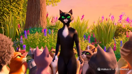 一只猫咪给很多猫咪说话，然后它们一起笑起来的真实视频 by Hailuo AI Video Generator