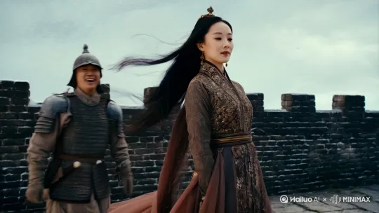 一位秦朝美女站立在长城上，长城外是一位秦朝戍边的小兵挥舞着手向她奔来，小兵满面灰尘衣甲破烂但是脸上却是狂喜，美女的长发是飘逸的，背景是沙漠飞雪，天空有一只苍鹰 by Hailuo AI Video Generator