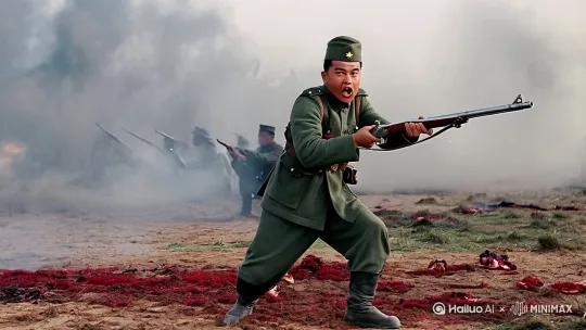 写实风格，硝烟弥漫的战场上，一位中国烈士紧握钢枪，身姿挺拔如松。他眼神坚毅，饱含对胜利的渴望与对战友的守护之情。突然，敌军的炮弹如雨点般倾泻而至，爆炸声震耳欲聋，火光冲天，泥土与血肉瞬间飞溅。这位烈士在枪林弹雨中奋勇冲锋，每一步都踏在生死边缘。他的战友们在四周倒下，鲜血染红了大地。然而，他毫不退缩，直至生命最后一刻，仍高喊着口号，向着敌人发起最后的冲锋。画面切换至夜幕下的战场，安魂曲的旋律缓缓响起，音符如同精灵般在空气中飘荡，为英勇牺牲的烈士们送上最崇高的敬意与最深切的哀思，仿佛在诉说着他们不朽的功勋与伟大的精神。 by Hailuo AI Video Generator