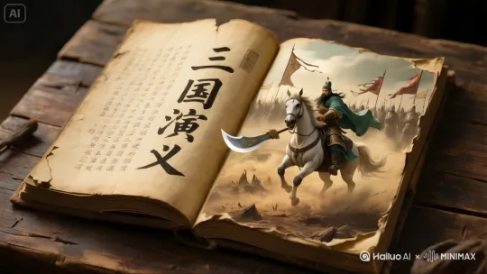 画面中人物关羽骑马持青龙偃月刀冲锋，风沙扬起，身后军旗飘飘、士兵列阵。要求所有的人物和场景限制在古书里。 by Hailuo AI Video Generator