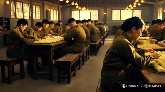 请您帮我请帮我生成部队战士在食堂男女各一桌，包粽子的图片，要求清晰自然 by Hailuo AI Video Generator