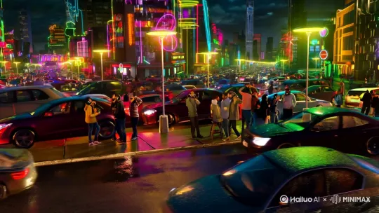 [固定镜头]下雨的夜晚，晒博朋克城市五光十色，街道堵车，按喇叭，旁边的行人男女有的在路边喝酒，有的戴着耳机听歌顺着音乐节奏在跳舞 by Hailuo AI Video Generator