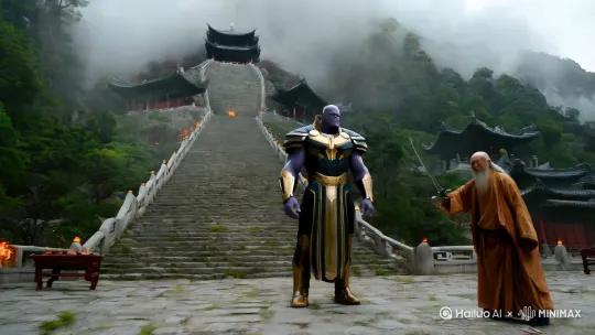 灭霸来到地球结果到了武当山，四处破坏时，出来一个白胡子老道，打了个剑指，驱动飞剑直接把灭霸消灭了 by Hailuo AI Video Generator