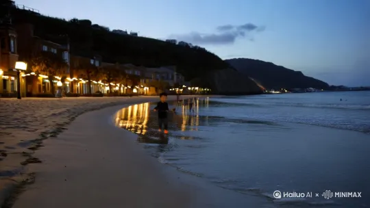 傍晚的海边，潮汐刚退，小孩拿着工具去赶海，欢快的在沙滩上奔跑。 by Hailuo AI Video Generator
