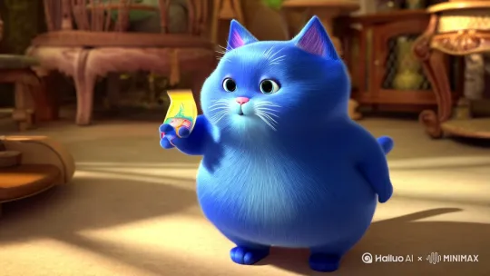 一直蓝色胖胖的小猫，拿着一张门票晃来晃去% by Hailuo AI Video Generator