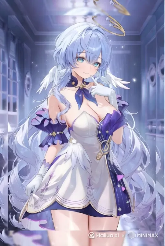 蓝发少女，身穿白紫色轻盈服装，站在柔和蓝色背景前，身体自然微微起伏摇晃，动作缓慢柔和；她抬起一只手指轻触嘴唇，保持安静不说话，只是浅浅微笑，面容温柔。背景中一个金色圆形装饰缓慢旋转，空气中漂浮着细小的光点，闪烁轻盈。镜头固定不动，画面清晰唯美，光影柔和，整体风格为高清写实日系动画风，适合制作唯美静谧氛围的视频场景 by Hailuo AI Video Generator
