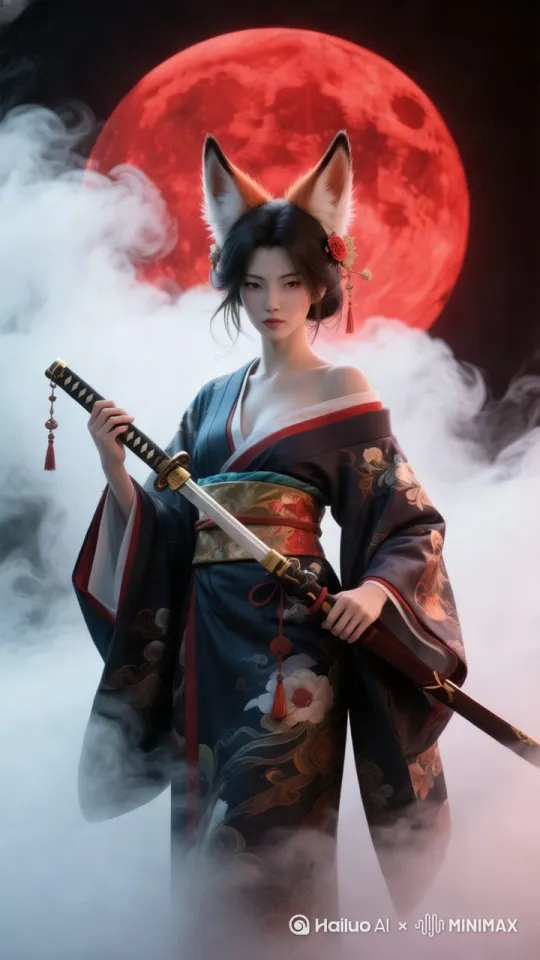 少女持刀而立，刀锋泛起寒光，背后血月的光照亮她冷冽的侧脸轮廓。镜头从半身中景骤然推进至正视角特写，纤长睫毛下的眼眸如鹰隼般斜睨镜头，下颚微微扬起透出傲气，冷色调光影在刀身上流转。 by Hailuo AI Video Generator
