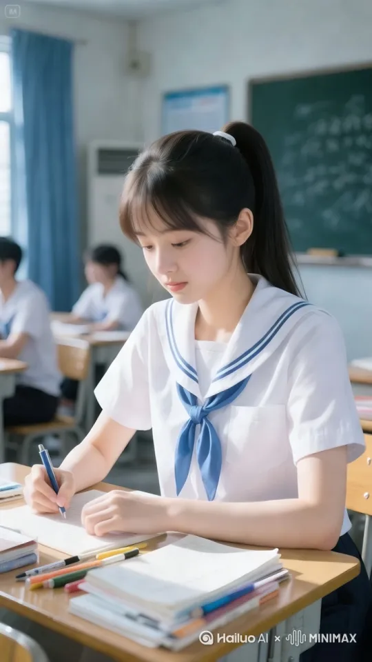 一位高中女生，清纯绝色貌，她抬头撇了一眼镜头，羞答答的脸一下子就变红了，从脖子一下子红到了耳后根，笑得羞答答的，眼神也是羞答答的，只见她眼若点漆，秋波流转间带着几分明眸善睐的灵动，却又因极度害羞而愈发显得楚楚动人。她立马低下了头，她低眉垂睫，那含羞带怯的眸光似是带着桃花瓣坠入春水般的轻颤，一点一点地躲闪着，仿若受惊的小鹿般，却又忍不住偷偷地，从那细长的眼睫缝隙间投出一丝丝探寻的目光，似是极想与你对视，却又怕被看穿心思。那一张吹弹可破的娇颜，原本就透着青春独有的粉润，此刻更是红得似要滴出血来，红晕从那细腻如凝脂的面颊迅速蔓延，肆无忌惮地爬上白皙的脖颈，直至锁骨处，与她那身素净校服形成鲜明对比，让人心生怜惜。 by Hailuo AI Video Generator