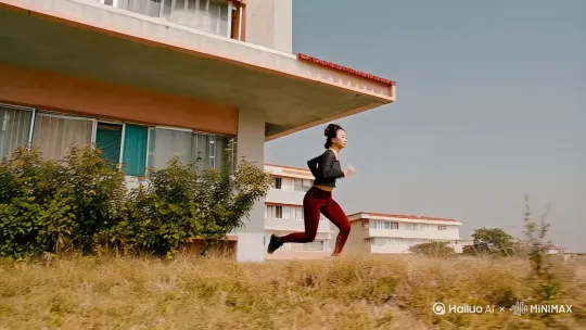 镜头采用近景跟随,一位身穿紧身服的中国女子在小区的楼宇间飞速奔跑,脚步轻盈。当靠近一栋二层建筑时,她借助奔跑惯性,如矫健的飞鸟猛地腾空,以惊人速度跃上二楼。未作停留,又旋即发力,再次高高跃起扑向三楼。镜头始终采用近景动态跟随,运镜紧紧跟随其奔跑轨迹,让人仿佛置身这场极速追逐之中。画面为 16K 高清画质,写实渲染突出人物的力量和动作的流畅,人物不变形。 by Hailuo AI Video Generator