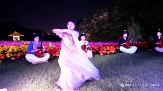 这个人是女性，身材十分曼妙，请把她的脸做瘦很多，和她身材搭配，她在夜色的下跳舞，月光十分美丽，旁边是一片花海，周围一群人在演奏乐器，看着她。 by Hailuo AI Video Generator