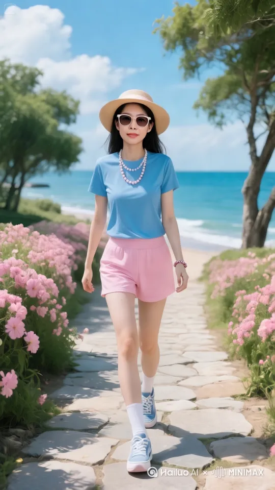女孩自信满满的向前走，大牌电影高级感，长发飘飘，两旁花儿艳丽，不时可见蝴蝶和蜜蜂小鸟飞动！碧海蓝天，身后是大海微浪沙滩，唯美境像 by Hailuo AI Video Generator