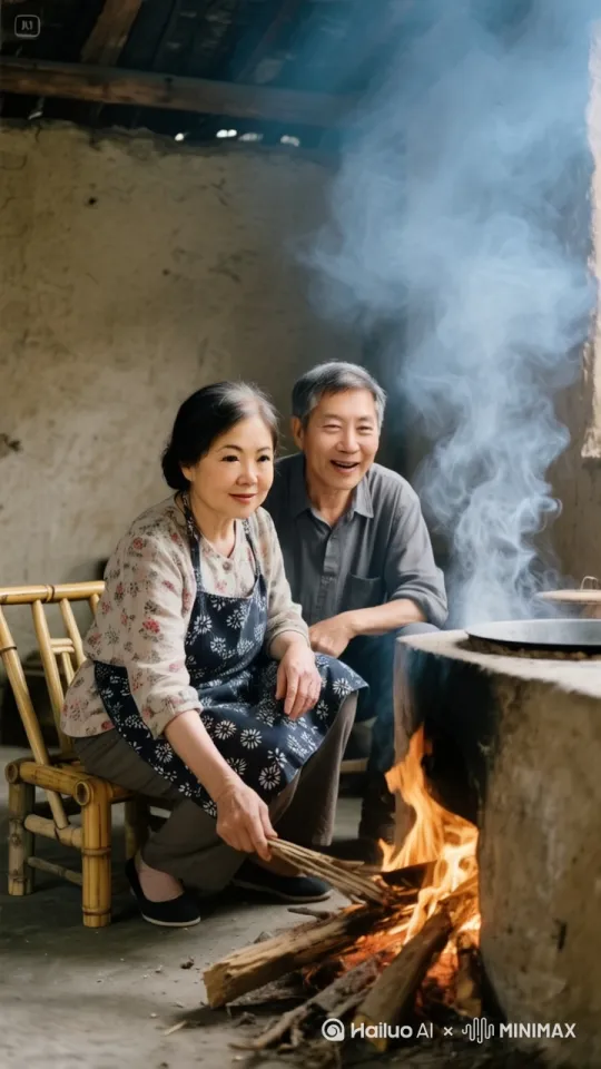 一对情侣在传统乡村土灶厨房内，穿着带花朴素上衣，腰间系着深色花纹围裙的完美身材的绝世美女，正蹲在小板凳旁用柴棍拨弄土灶里的柴火，灶火明亮，上方有烟雾升腾。厨房内墙壁粗糙，整体氛围质朴、烟火气十足 。环绕拍摄，电影质感，32k高清画质。 by Hailuo AI Video Generator