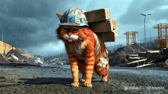 拟人化的小橘猫置身于恶劣的 建筑环境中,头戴破旧的安全 帽,雨水和汗水交织,与毛发死死地打结在一起,浑身湿透 穿着肮脏不堪、补丁遍布的 破衣服,背着沉甸甸的砖块, 直立艰难地跋涉在泥泞路上。 悲情与苦楚写满它的脸庞,贫 穷和劳累压弯了脊梁。 背景是 雨水肆虐的工地,杂物乱飞, 这宛如大师作品的真实摄影画 面,深刻展现了它的悲惨境 遇,32K,高清画质 by Hailuo AI Video Generator