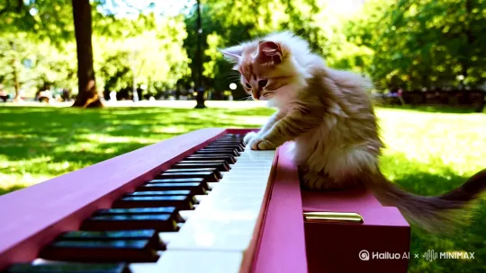 小猫在公园弹钢琴[推进,上升] by Hailuo AI Video Generator