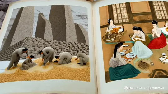 画卷缓缓展开，
我们从最初的秦汉朝代开始，
左侧，是百姓搬石修墙，满身尘土；
右侧，是权贵堂上宴乐，侍女奉茶。
一个在筑城，一个在谈治国。

画卷继续滑动，
来到大唐盛世。
左侧，老者低头吃糠，孩童坐在母亲腿旁，
右侧，高士把盏，言笑晏晏。
盛世的灯火未照进他们的炊烟。

再翻一页，宋朝时分，
左边，是流民逃荒乞讨，边城动荡；
右边，是士大夫谈诗论文，桌上茶香缭绕。
边关紧急，他们尚在评字论道。

进入明代，
左侧，士兵夜巡，民户藏粮；
右侧，官员唇枪舌剑，却不问民间饥寒。
台下有人跪着活，台上有人坐着争。

再向前，是清代光景。
左侧，农民剥土种田，军户负重前行；
右侧，八旗贵人升堂议事，金饰罗衣。
一朝富贵看袍服，一地贫穷压老骨。

画卷的尽头，
是未写上的朝代——
现代。

格子间里的青年，
敲着键盘、改着八稿的PPT，
背后是咖啡机、打卡机，和一双双不敢抬头的眼。
而另一边，老板在投影前夸夸其谈，
说“团队就是家人”“愿景就是福报”。

这一幅画，一道分界，
一边在活着，一边在消耗别人活着。

千年未变的，
不止是这幅长卷，
更是画中每一个，向上扛着的身影。 by Hailuo AI Video Generator