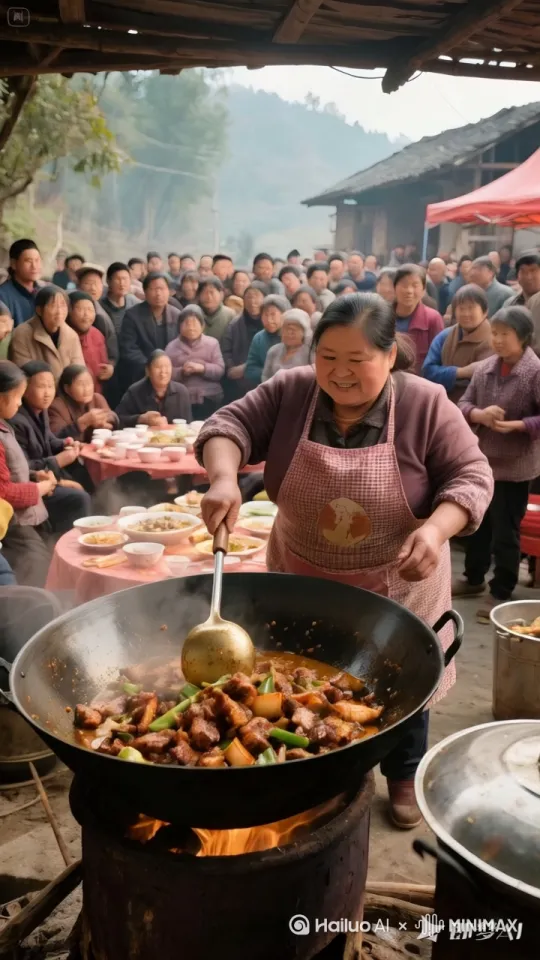 只见大妈原地旋转、手臂快速一挥，锅中的食材飞到空中急速旋转、快速旋转，随后食材依次落下，散发出诱人的香味。周围的和尚满脸惊叹，有的张大嘴巴，有的不禁拍手叫好。 by Hailuo AI Video Generator