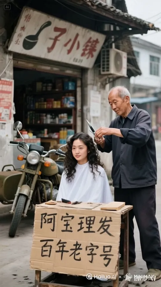 理发师拿起剪刀高高跃起，在空中来了个漂亮的回旋，落地后剪刀如同舞动的蝴蝶上下翻飞，剪刀所到之处，头发纷纷飘落，整齐而有序。剪刀在顾客的头上快速移动，顾客的发型逐渐变成短发，就像经过精心雕琢一般 by Hailuo AI Video Generator