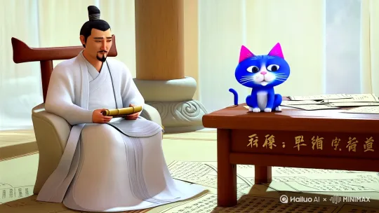 生成老祖宗屈原，身穿白色古代的服装，坐在一个椅子上，手拿竹卷，眼睛看向竹卷思索万分，旁边是一只可爱的蓝色的矮矮的胖猫，耳朵内侧为粉色，有着白色的胡须和粉色的鼻子，正在说着什么，面向镜头坐在另一个椅子上讲述着历史，他们隔着一个桌子，分别坐在两端，桌子上有纸，纸上写着亦余心之所善兮，虽九死其犹未悔，整体是温和3D可爱水墨丹青[变焦拉远]风 by Hailuo AI Video Generator