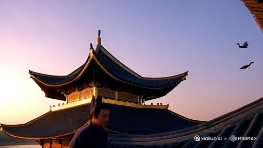 核心主题:展现王勃登阁远眺时天地交融的哲学
意境,构建"天人合一”的视觉诗学
画面基调:暮色苍茫中透出壮阔空灵
场景：滕王阁(王勃立于阁楼飞檐，背景有落霞孤鹜、秋水长天）
①景别：大远景，角度：仰角，运镜方式：无人机螺旋上升
滕王阁全景渐显,飞檐斗拱在暮色中勾勒金边，孤鹜
剪影掠过阁顶
②景别：中景，角度：侧跟，运镜方式：推拉+镜头震颤
王勃负手立于栏杆,衣袂被江风掀起,左手持酒壶,右手指向天际（真人）（自然） by Hailuo AI Video Generator