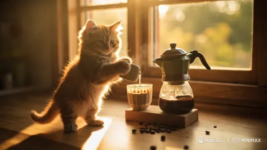 [右移,左摇,跟随]小橘猫磨咖啡豆做手冲咖啡，柔和的阳光洒在它的脸上 by Hailuo AI Video Generator