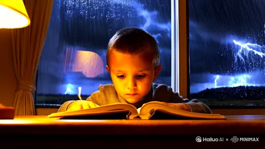 一个小男孩认真学习看书，外面打雷下雨一点也不影响。 by Hailuo AI Video Generator