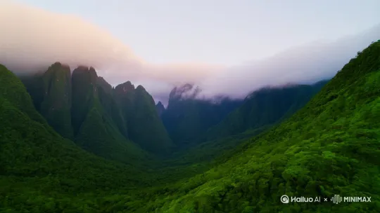 早上起床掀开帘子映入眼帘的青山云雾环绕 by Hailuo AI Video Generator