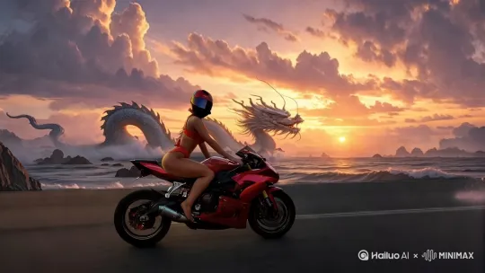 [右移,跟随]女人骑着摩托在疾速行驶，天边的巨龙盘旋飞舞，海浪翻涌 by Hailuo AI Video Generator