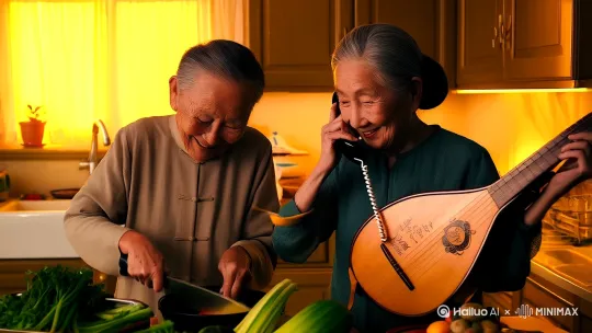 1. **家庭场景**：老两口择菜做饭、给子女打电话笑出皱纹的特写  
2. **生活碎片**：公园太极剑慢动作、窗台绿萝摇晃、跳广场舞的红丝巾飘动  
3. **怀旧元素**：泛黄全家福翻页动画、老式搪瓷杯冒热气、夕阳下长椅并排坐的剪影  
4. **点睛细节**：膏药贴镜头闪过时加“啪嗒”音效，结尾用升格镜头拍老人碰杯米酒  

（注：用暖黄色调+柔光滤镜，背景音乐选口琴版《茉莉花》，动态节奏要慢，让观众能看清老花镜上的反光和老人斑里的岁月感。） by Hailuo AI Video Generator
