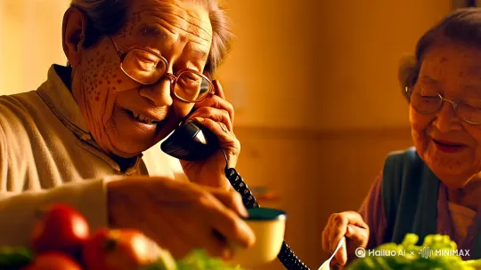 1. **家庭场景**：老两口择菜做饭、给子女打电话笑出皱纹的特写  
2. **生活碎片**：公园太极剑慢动作、窗台绿萝摇晃、跳广场舞的红丝巾飘动  
3. **怀旧元素**：泛黄全家福翻页动画、老式搪瓷杯冒热气、夕阳下长椅并排坐的剪影  
4. **点睛细节**：膏药贴镜头闪过时加“啪嗒”音效，结尾用升格镜头拍老人碰杯米酒  

（注：用暖黄色调+柔光滤镜，背景音乐选口琴版《茉莉花》，动态节奏要慢，让观众能看清老花镜上的反光和老人斑里的岁月感。） by Hailuo AI Video Generator