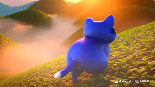 3D动画风格，画面主体是一只蓝色的胖猫，耳朵内侧为粉色，有着白色的胡须和粉色的鼻子，在多霧的茶山里行走观望，从日出到日落，到晚上坐在中国古屋里开始品茶。 by Hailuo AI Video Generator