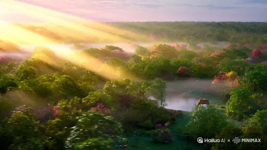 生成4K自然风光短片，场景：清晨森林阳光透过雾气，鹿群饮水，蝴蝶环绕发光蘑菇。风格参考吉卜力动画+BBC地球纪录片，色彩饱和度高但柔和。镜头顺序：宏观航拍森林→微距水滴特写→延时摄影云层流动。要求：动态光影效果，背景音乐为钢琴+自然白噪音，结尾出现‘万物有灵’的毛笔字标题。 by Hailuo AI Video Generator