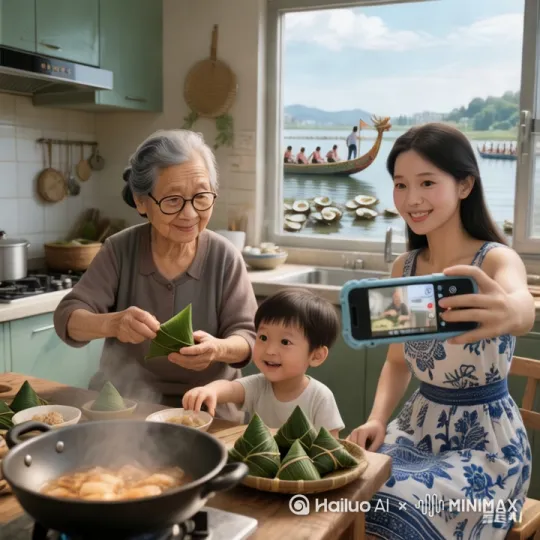 厨房中，祖孙三代围坐包粽子。奶奶（60 岁，戴老花镜）用传统手法折叠粽叶，母亲用手机录制教学视频，屏幕实时显示剩余存储空间 128GB（强调屏幕总成兼容大内存）。特写：孙子（4 岁）伸手碰滚烫的锅，手机防摔壳边缘的软气囊特写（暗示防摔性能）。窗外可见电白特色的蚝田与龙舟训练场景 by Hailuo AI Video Generator