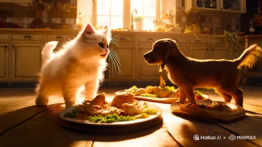 生成一个小猫踉奶狗打斗的搞怪短视频，场景是因为争抢食物～ by Hailuo AI Video Generator
