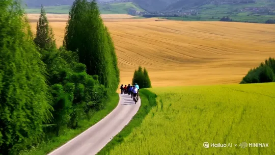 一队骑行者在陕西关中平原行走，路边绿树成䕃，田间麦浪翻滚，几只小鸟飞过，形成一幅关中丰收在望的田园画卷！ by Hailuo AI Video Generator