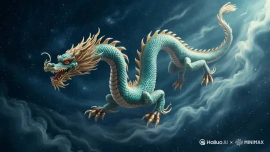 中国古典神话风格，一条五爪神龙翱翔于璀璨星河之中[右移,左摇,跟随] by Hailuo AI Video Generator