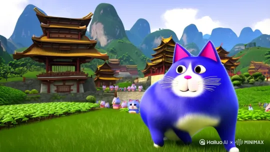 3D动画风格，画面主体是一只蓝色的胖猫，耳朵内侧为粉色，有着白色的胡须和粉色的鼻子，茶的发源地--中国，在各种不同的古代玄幻的山村里行走，看着不同的小胖猫-3D动画风格，耳朵内侧为粉色，有着白色的胡须和粉色的鼻子-种茶。 by Hailuo AI Video Generator