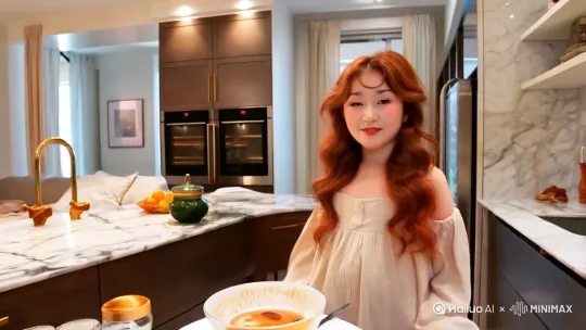 2. 镜头2：走向厨房
景别：中景
画面：女孩穿着舒适的居家服，伸着懒腰，从卧室走向厨房，脸上洋溢着对新一天的期待。
台词：“又是元气满满的一天，女孩准备给自己做份超快手的营养早餐。”
时长：3s
地址：自家的高端厨房 by Hailuo AI Video Generator