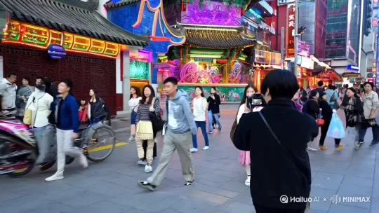 我是一名摄影博主，现在要去上海的街上抓拍小姐姐，给小姐姐拍完照后小姐姐觉得很满意然后请我吃饭，后面加了微信准备约下一次拍照。 by Hailuo AI Video Generator